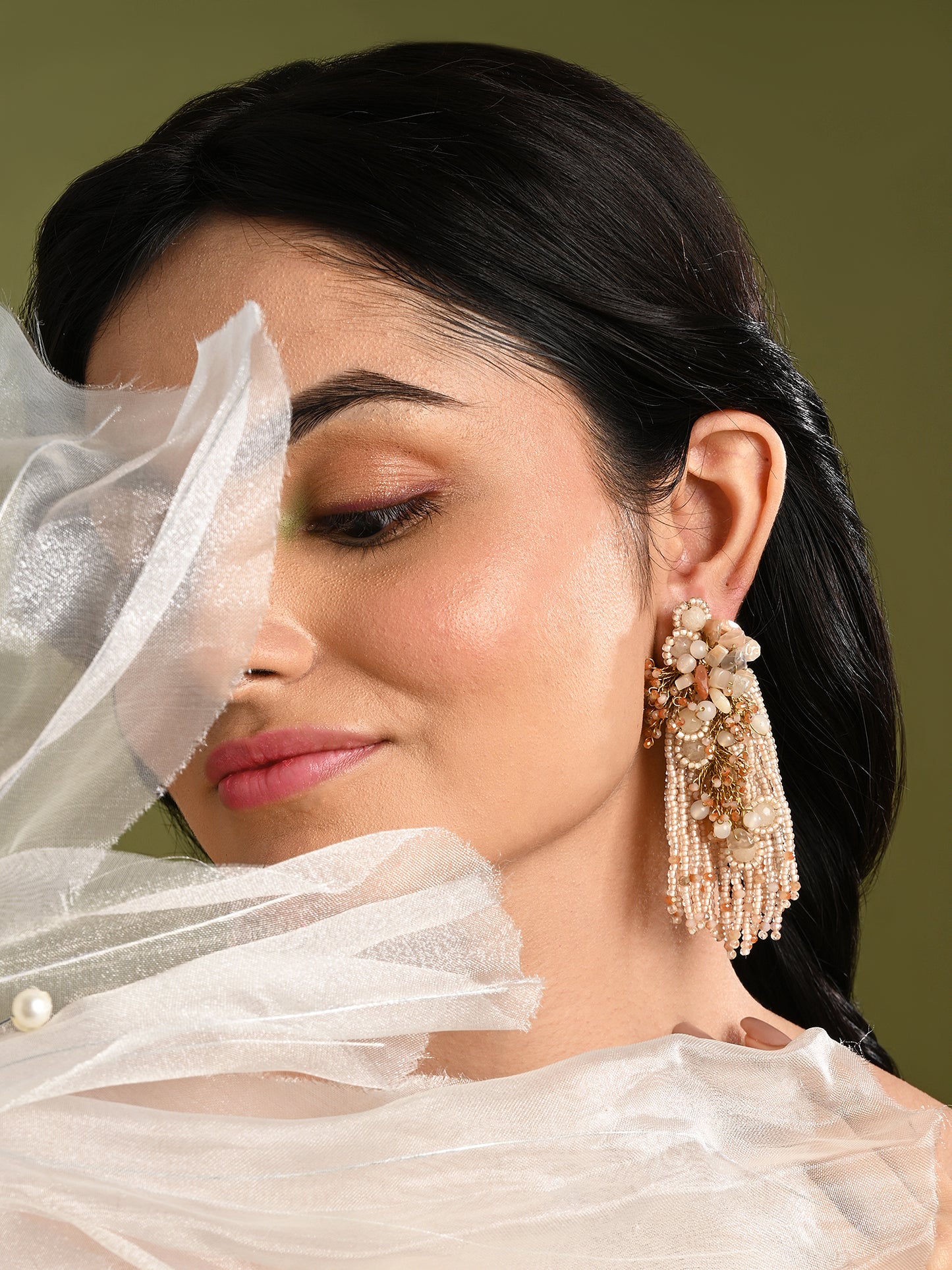 Beige Long Crystal Tassel Haldi Earrings