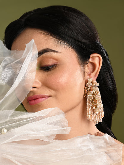 Beige Long Crystal Tassel Haldi Earrings