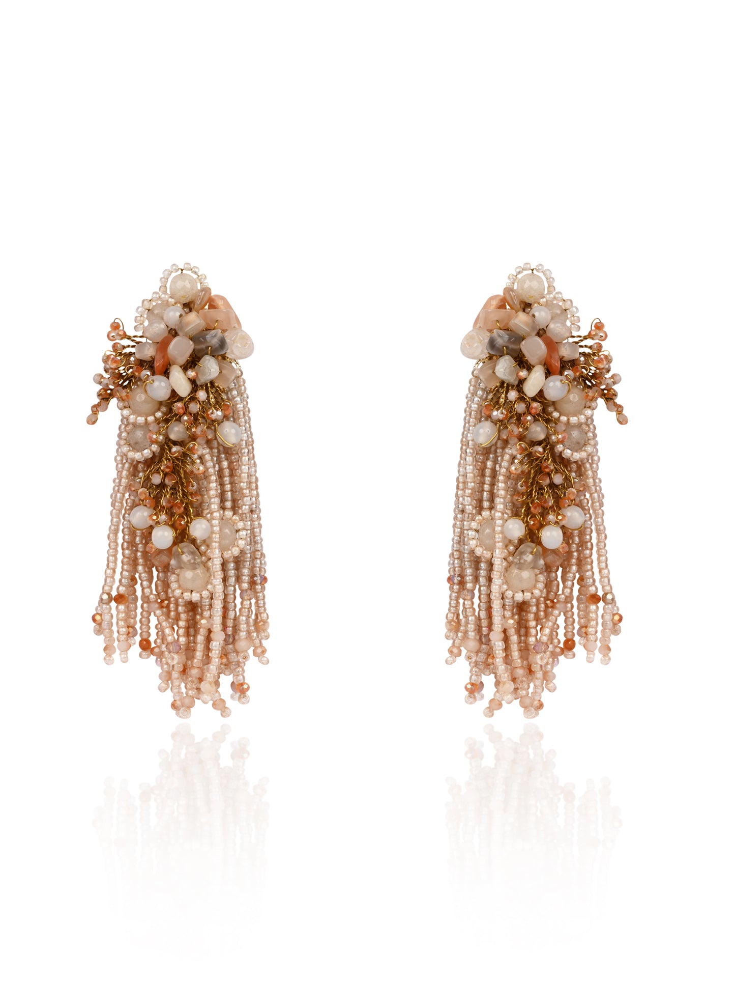 Beige Long Crystal Tassel Haldi Earrings