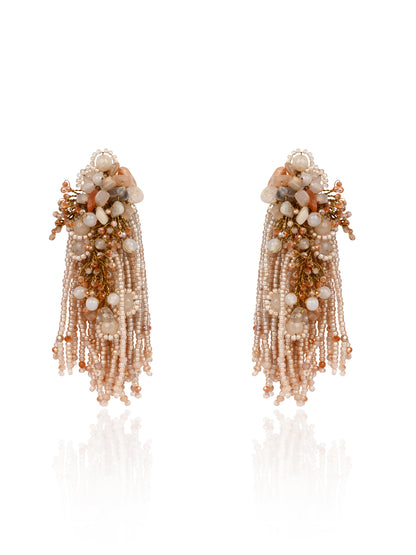 Beige Long Crystal Tassel Haldi Earrings