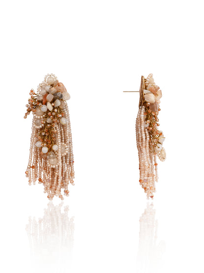Beige Long Crystal Tassel Haldi Earrings