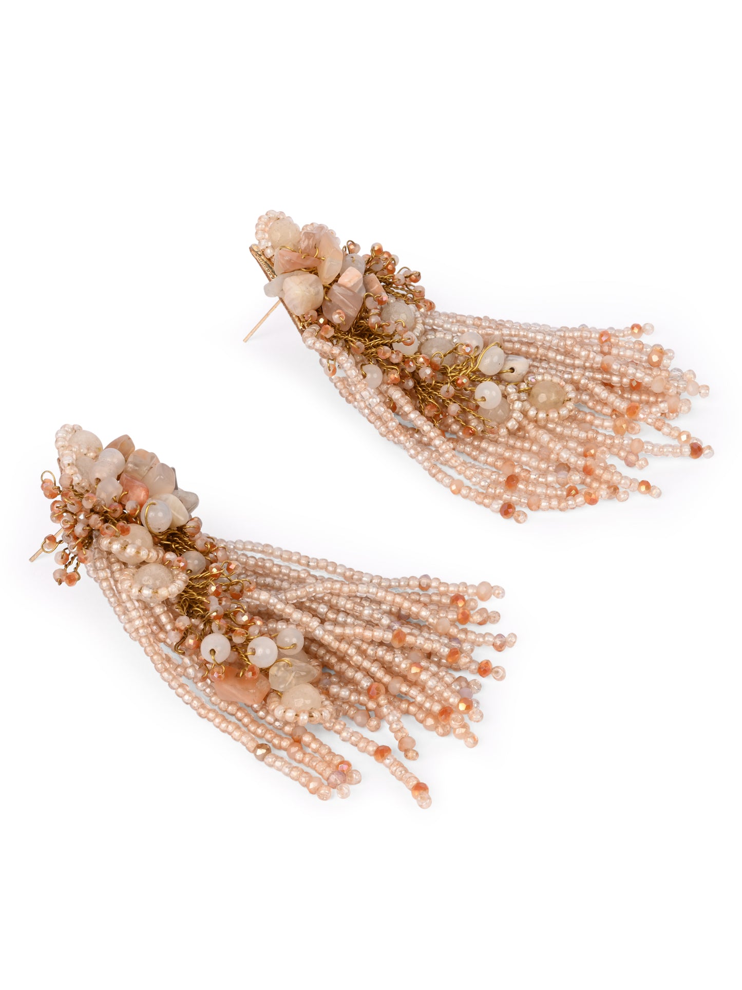 Beige Long Crystal Tassel Haldi Earrings