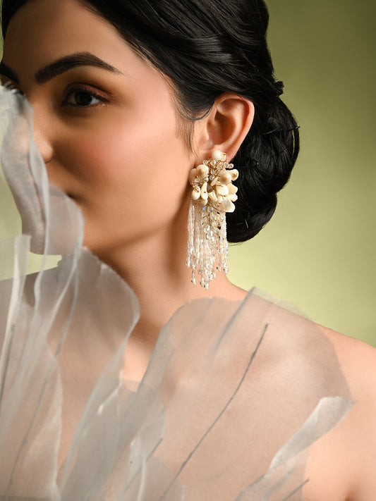 White Floral Long Earrings For Haldi