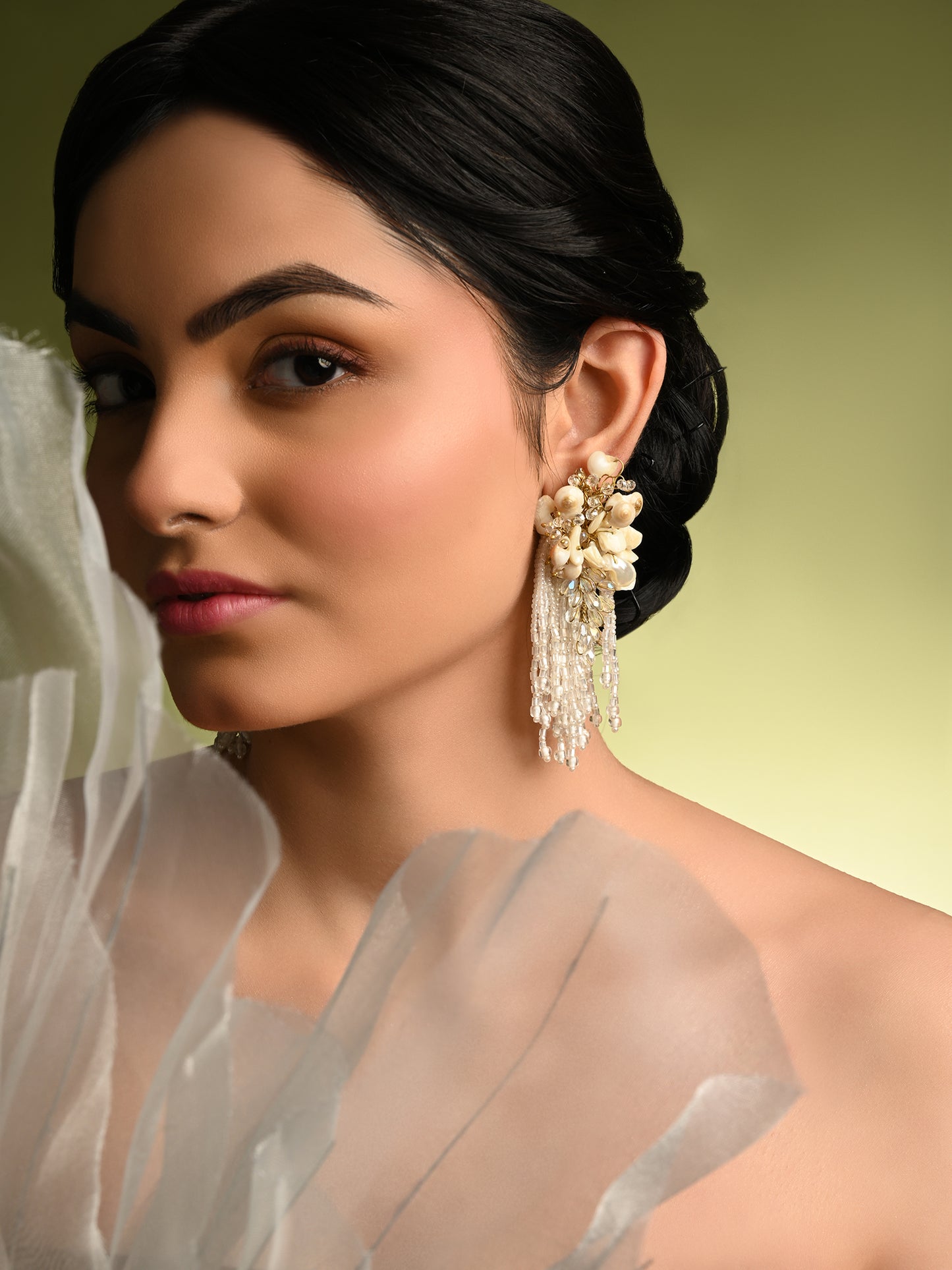 White Floral Long Earrings For Haldi