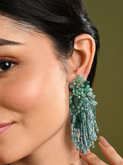 Gold Plated Emerald Green Long Tassel Earrings