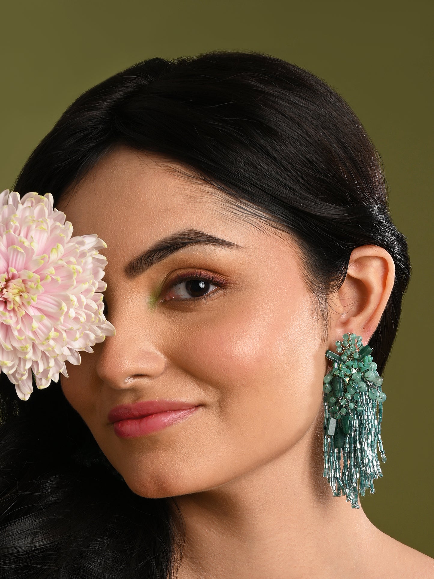 Gold Plated Emerald Green Long Tassel Earrings