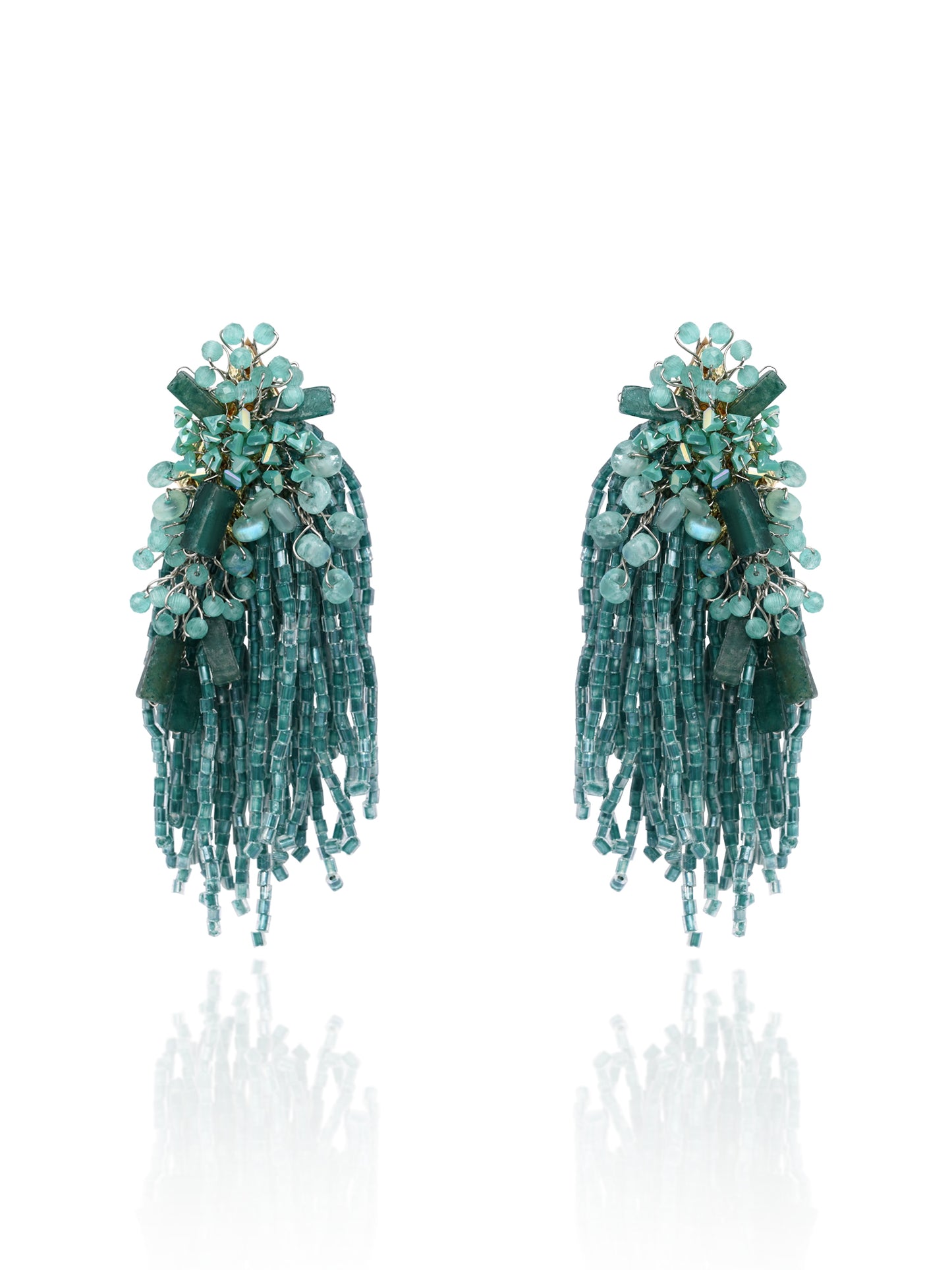 Gold Plated Emerald Green Long Tassel Earrings