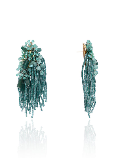Gold Plated Emerald Green Long Tassel Earrings