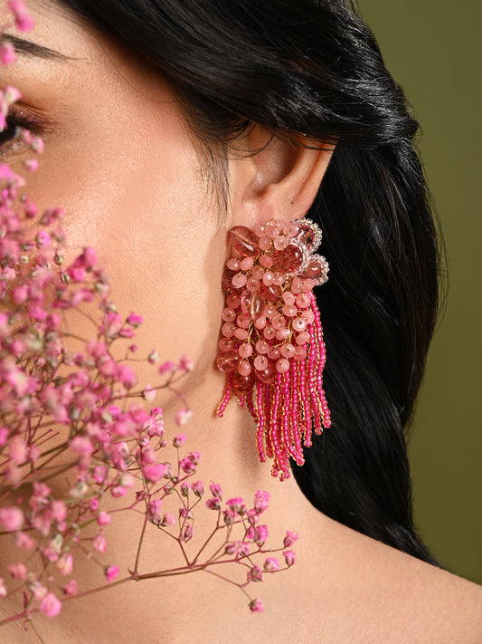 Cherry Red Long Earrings With C Rystal Hangings