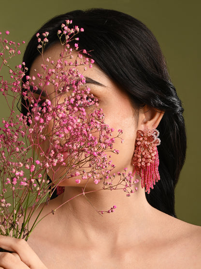 Cherry Red Long Earrings With C Rystal Hangings