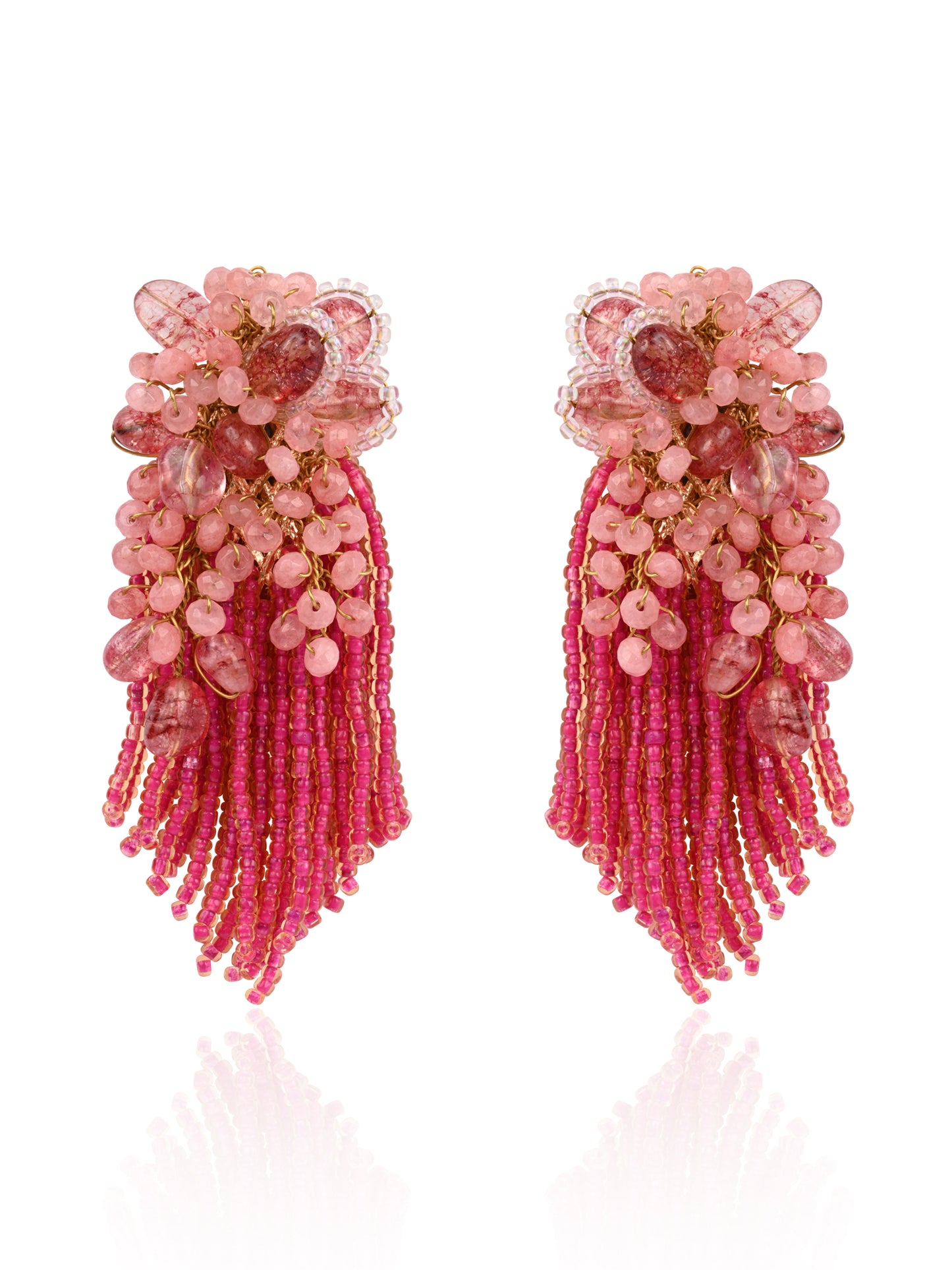 Cherry Red Long Earrings With C Rystal Hangings