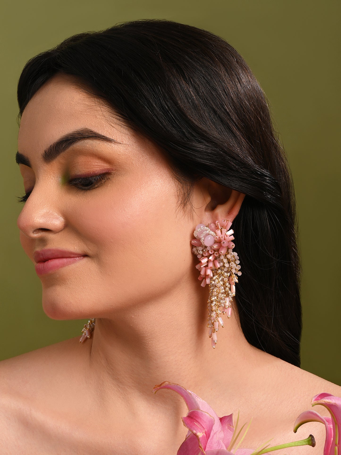 Baby Pink Shaded Gold Plated Chain Tassel Long Earrings