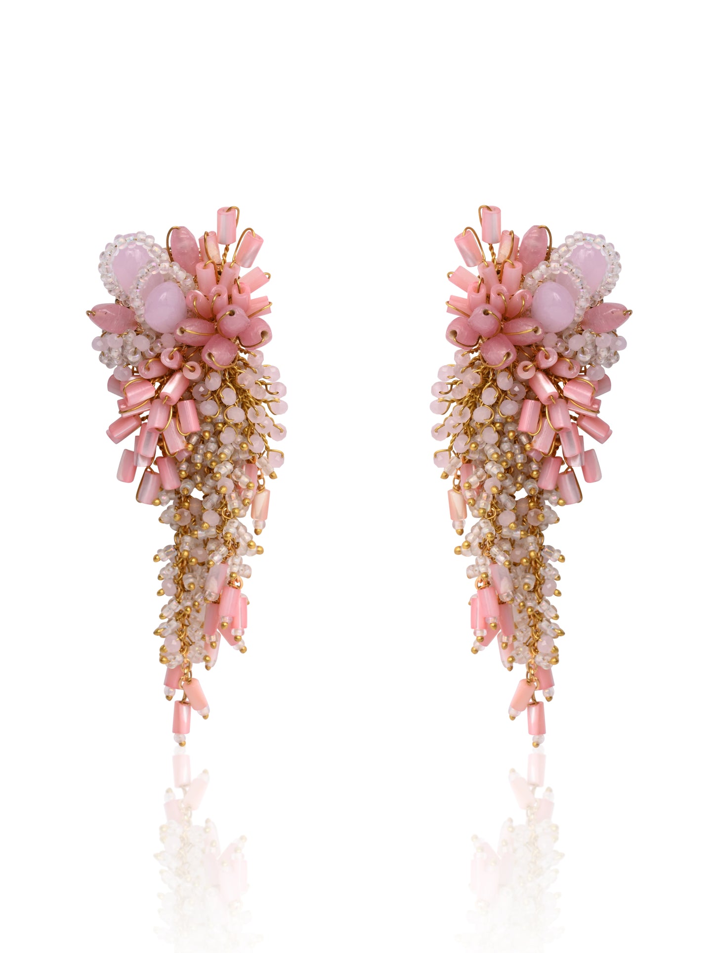 Baby Pink Shaded Gold Plated Chain Tassel Long Earrings