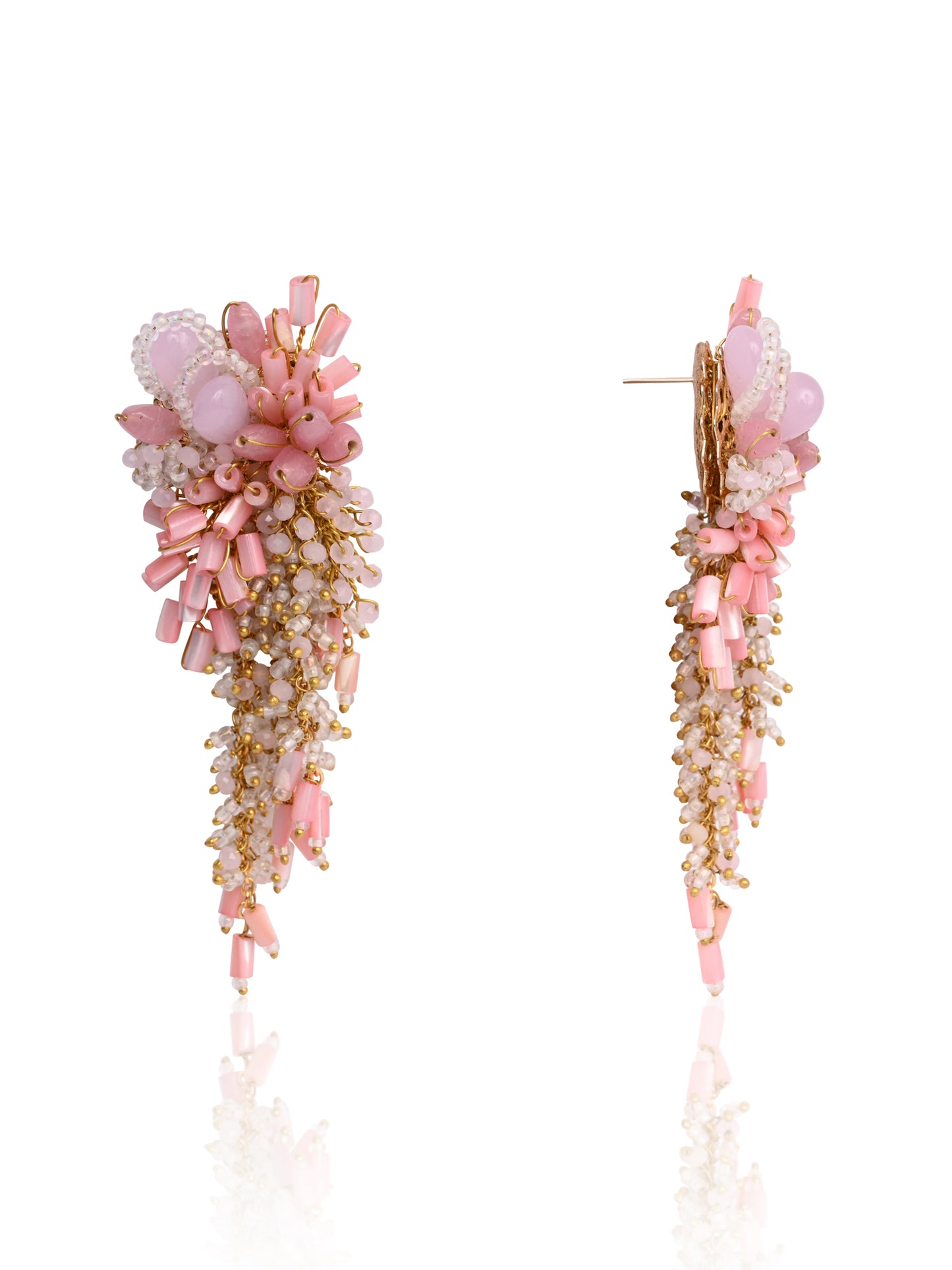 Baby Pink Shaded Gold Plated Chain Tassel Long Earrings