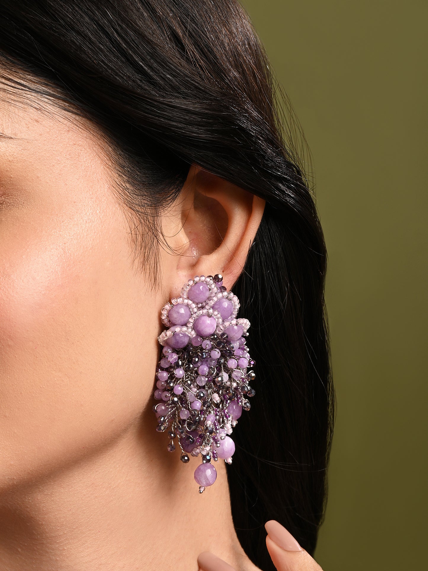 Designer Long Earrings With Purple Lilac Stones