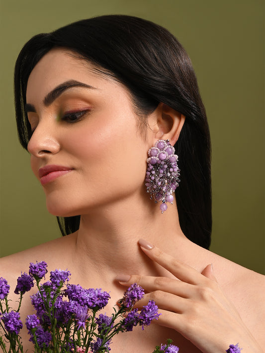 Designer Long Earrings With Purple Lilac Stones