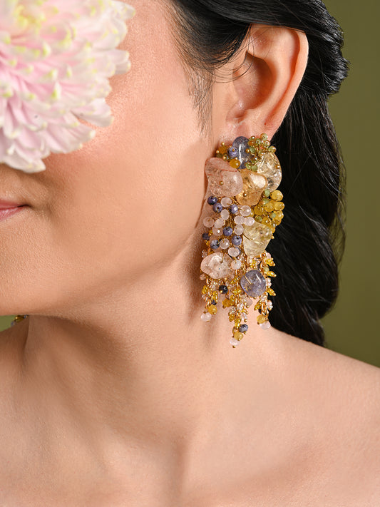 Colourful Precious Stone Gold Plated Long Chain Earrings