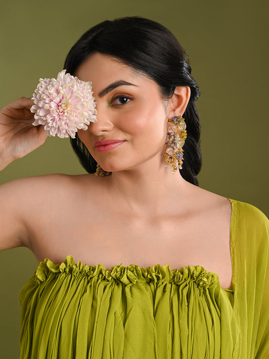 Colourful Precious Stone Gold Plated Long Chain Earrings