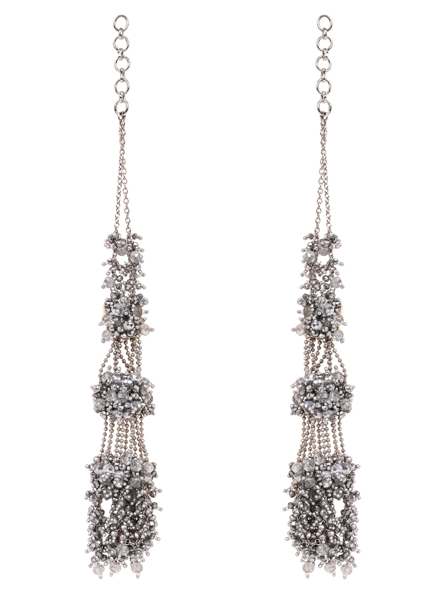 Silver Plated Three Layer Silver Crystal Studded Handcrafted Long Earrings
