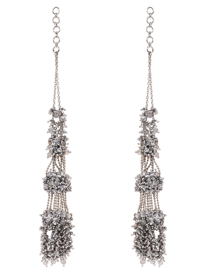 Silver Plated Three Layer Silver Crystal Studded Handcrafted Long Earrings