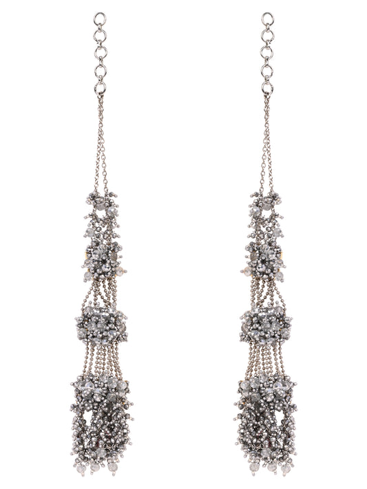 Silver Plated Three Layer Silver Crystal Studded Handcrafted Long Earrings