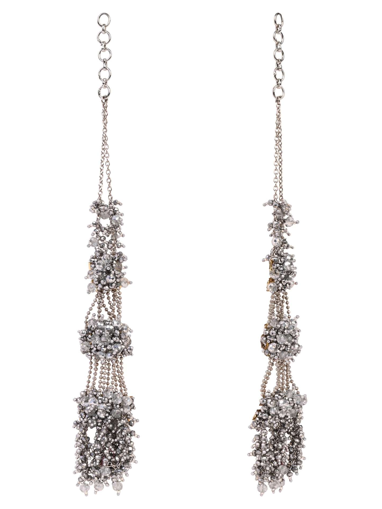 Silver Plated Three Layer Silver Crystal Studded Handcrafted Long Earrings