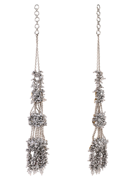 Silver Plated Three Layer Silver Crystal Studded Handcrafted Long Earrings