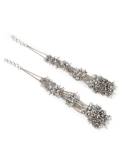 Silver Plated Three Layer Silver Crystal Studded Handcrafted Long Earrings