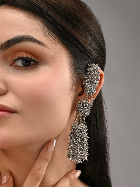 Silver Plated Three Layer Silver Crystal Studded Handcrafted Long Earrings