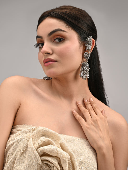 Silver Plated Three Layer Silver Crystal Studded Handcrafted Long Earrings
