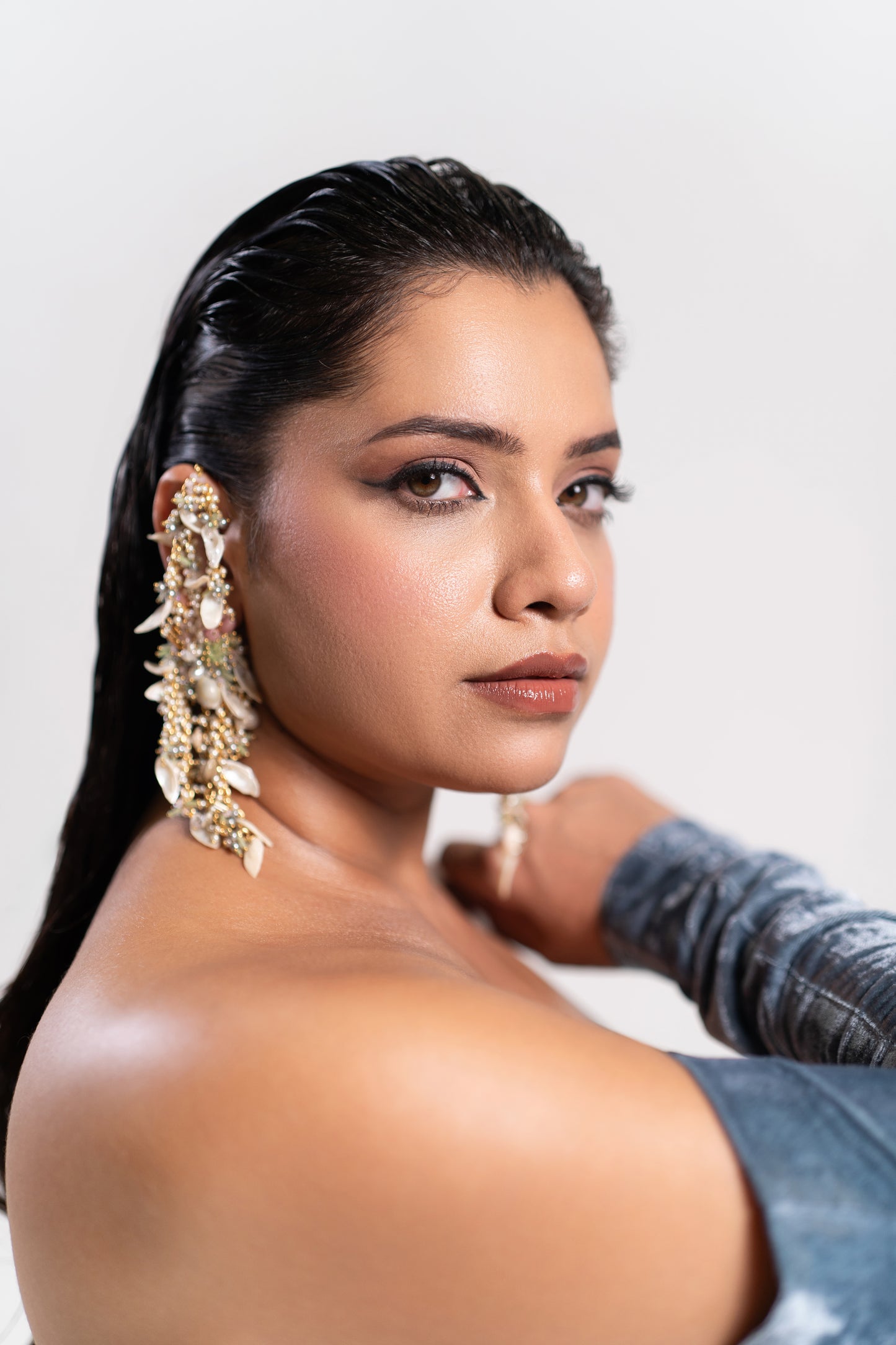 Handcrafted Bohemian Extension Earrings With Multi Colour Beads And Stones Designed With Shells And Fresh Water Pearls With Peach Pink Green All In One Colours