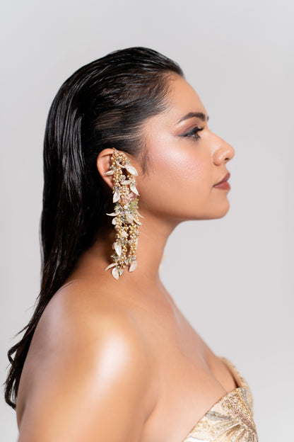 Handcrafted Bohemian Extension Earrings With Multi Colour Beads And Stones Designed With Shells And Fresh Water Pearls With Peach Pink Green All In One Colours