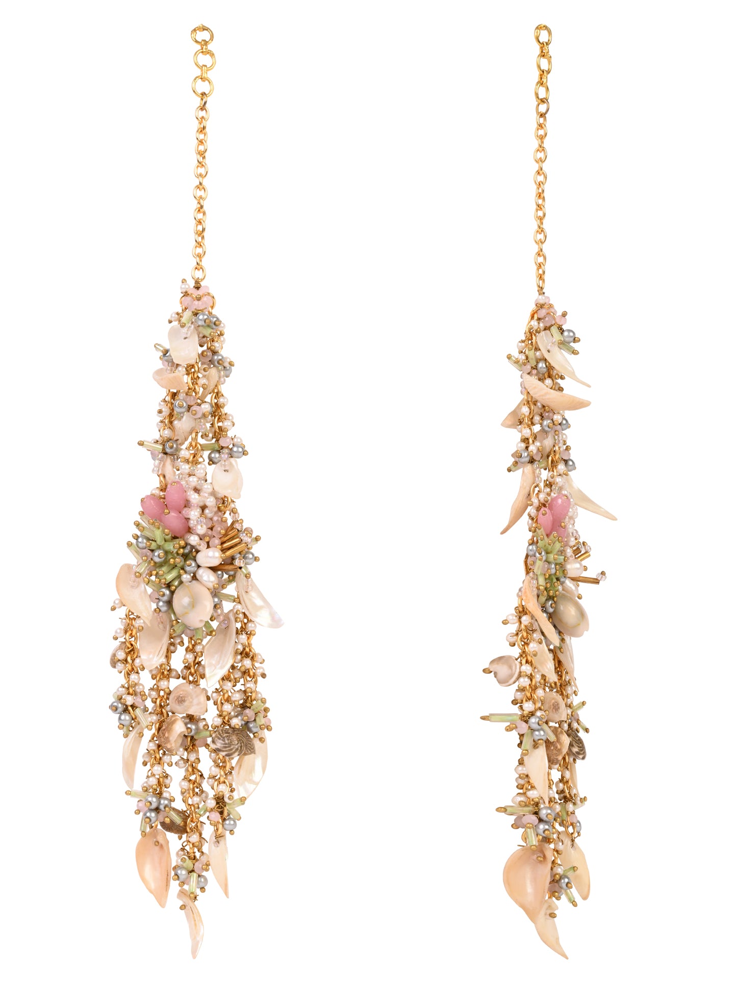 Handcrafted Bohemian Extension Earrings With Multi Colour Beads And Stones Designed With Shells And Fresh Water Pearls With Peach Pink Green All In One Colours