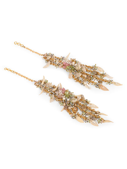 Handcrafted Bohemian Extension Earrings With Multi Colour Beads And Stones Designed With Shells And Fresh Water Pearls With Peach Pink Green All In One Colours