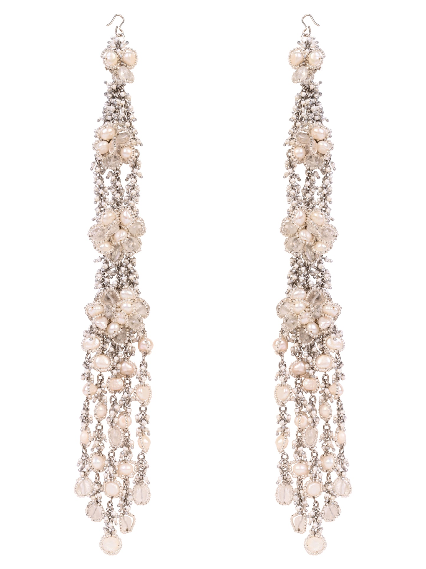 Four Layer Fresh Water Pearl Earrings Made On Silver Base Metal Designed With Shining Crystals With Bold And Timeless Styling