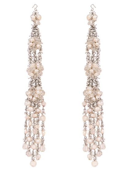 Four Layer Fresh Water Pearl Earrings Made On Silver Base Metal Designed With Shining Crystals With Bold And Timeless Styling