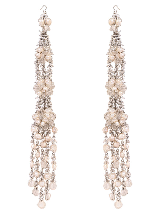 Four Layer Fresh Water Pearl Earrings Made On Silver Base Metal Designed With Shining Crystals With Bold And Timeless Styling