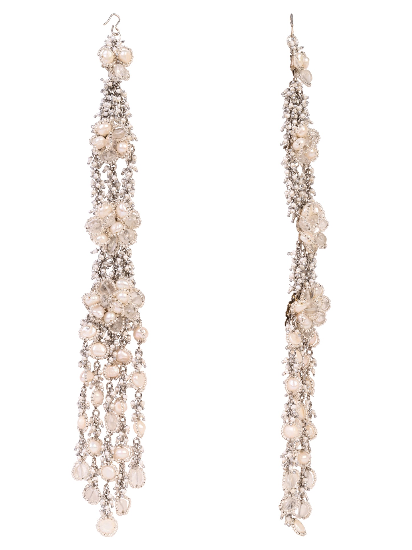 Four Layer Fresh Water Pearl Earrings Made On Silver Base Metal Designed With Shining Crystals With Bold And Timeless Styling