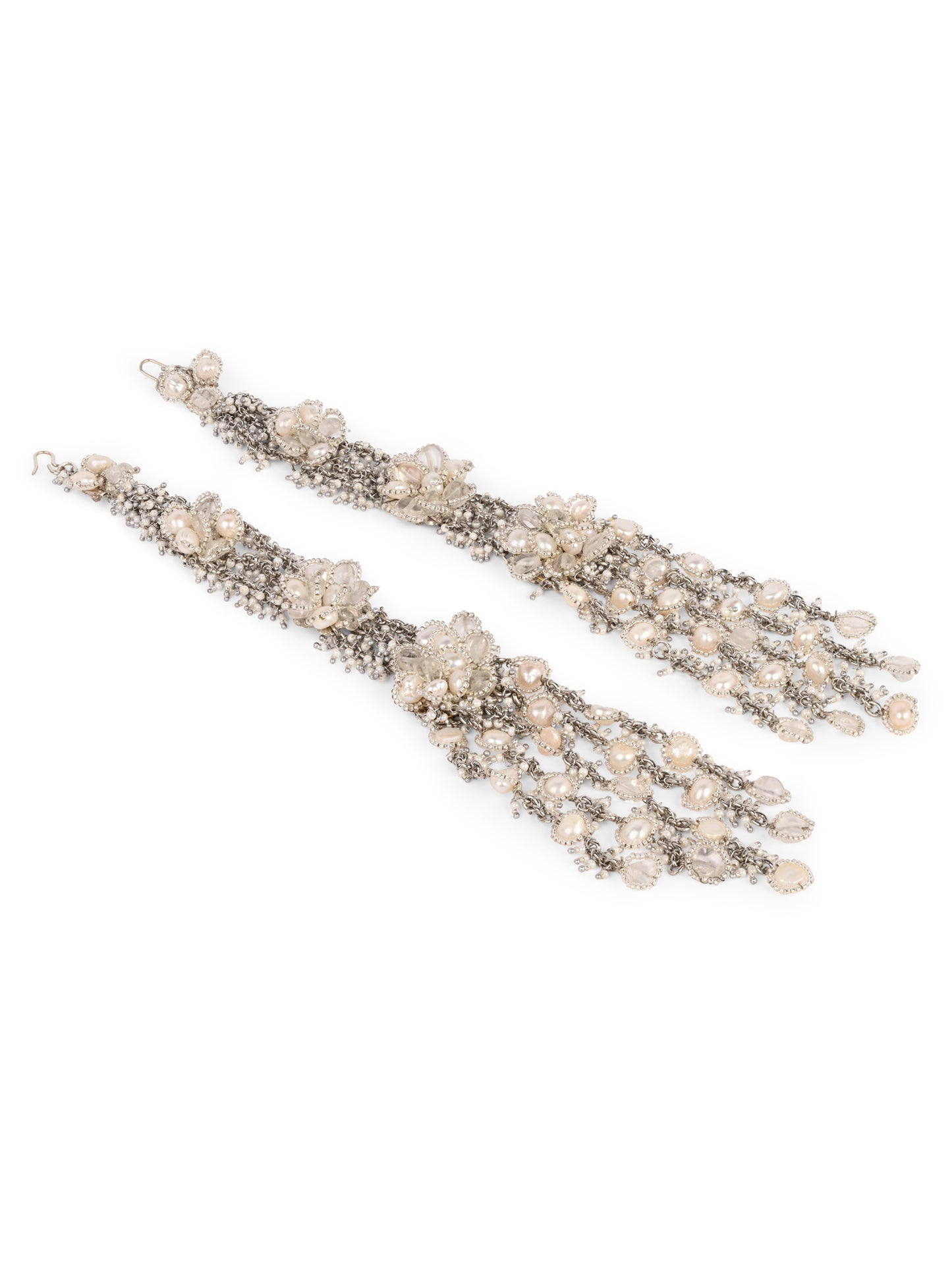 Four Layer Fresh Water Pearl Earrings Made On Silver Base Metal Designed With Shining Crystals With Bold And Timeless Styling