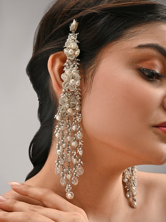 Four Layer Fresh Water Pearl Earrings Made On Silver Base Metal Designed With Shining Crystals With Bold And Timeless Styling