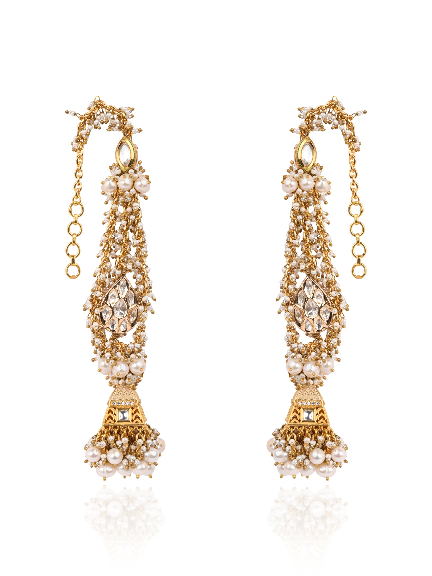 Gold Plated Jhumka Earrings Designed With White And Gold Combination Making It Versatile And Kundan To Make It Traditional