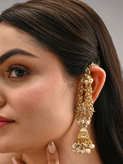 Gold Plated Jhumka Earrings Designed With White And Gold Combination Making It Versatile And Kundan To Make It Traditional
