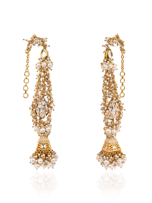 Gold Plated Jhumka Earrings Designed With White And Gold Combination Making It Versatile And Kundan To Make It Traditional