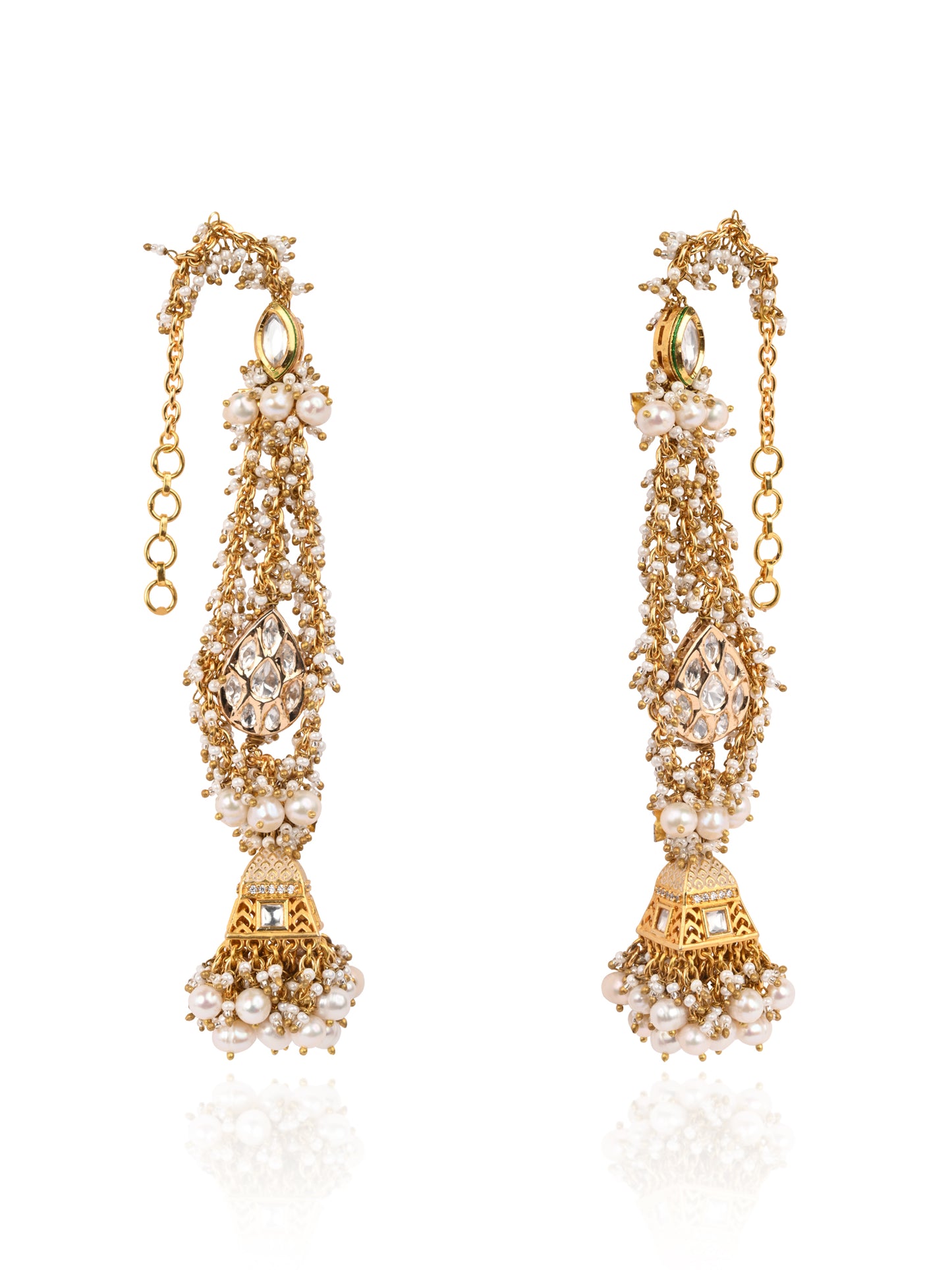 Gold Plated Jhumka Earrings Designed With White And Gold Combination Making It Versatile And Kundan To Make It Traditional