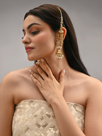 Gold Plated Jhumka Earrings Designed With White And Gold Combination Making It Versatile And Kundan To Make It Traditional