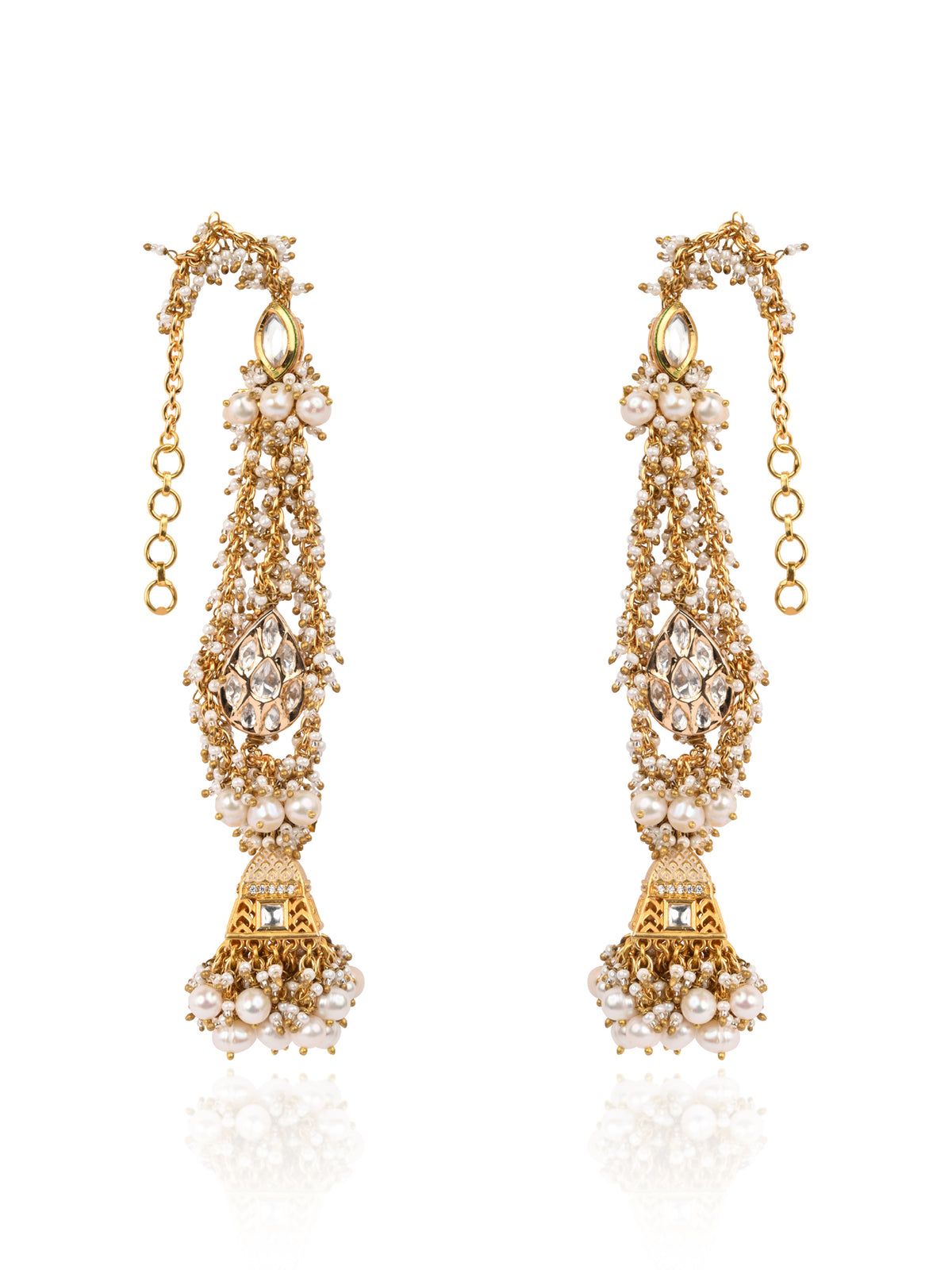 Gold Plated Jhumka Earrings Designed With White And Gold Combination Making It Versatile And Kundan To Make It Traditional