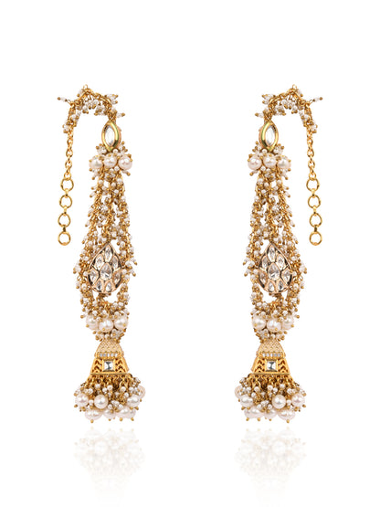 Gold Plated Jhumka Earrings Designed With White And Gold Combination Making It Versatile And Kundan To Make It Traditional