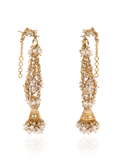 Gold Plated Jhumka Earrings Designed With White And Gold Combination Making It Versatile And Kundan To Make It Traditional