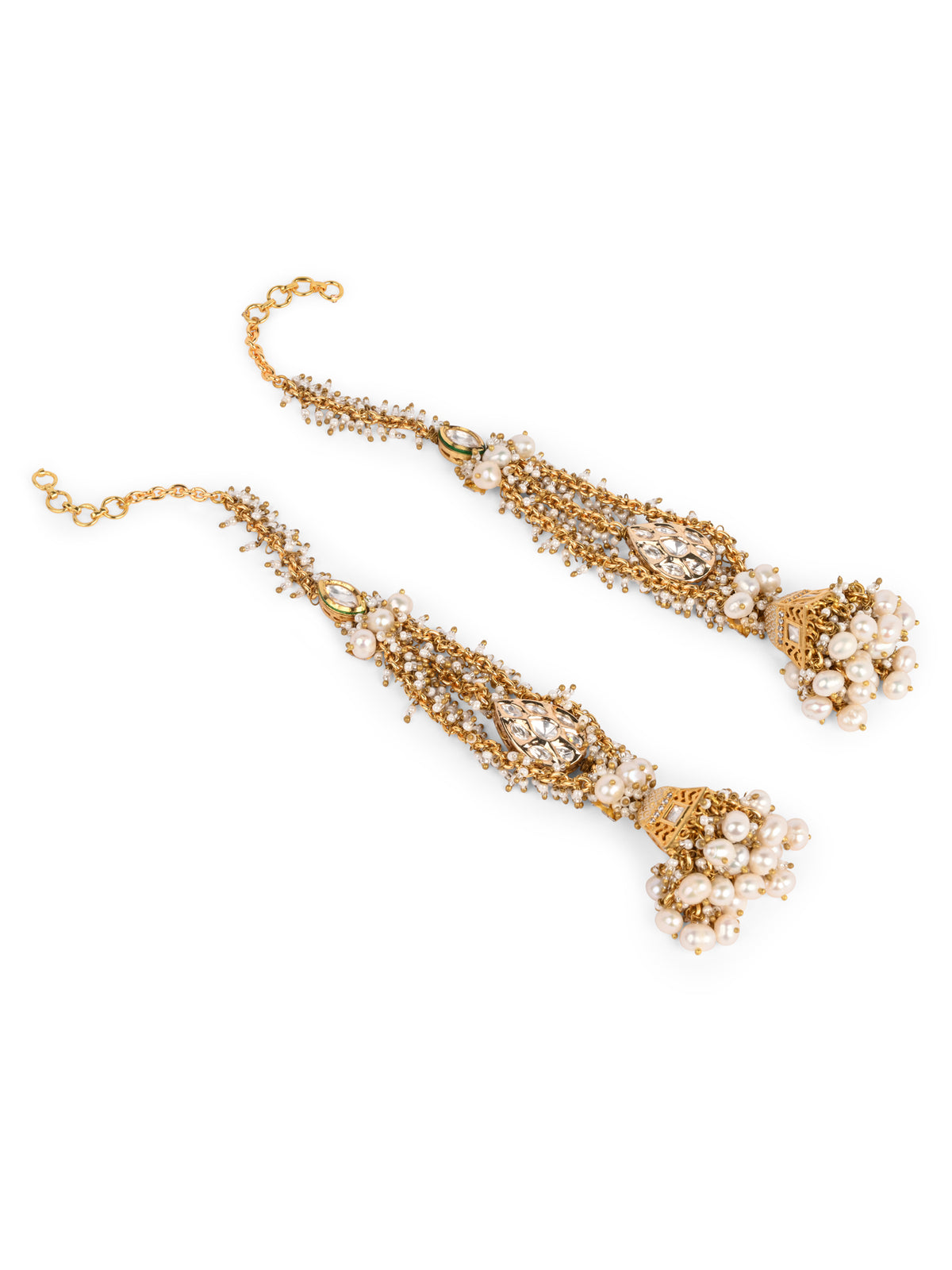 Gold Plated Jhumka Earrings Designed With White And Gold Combination Making It Versatile And Kundan To Make It Traditional