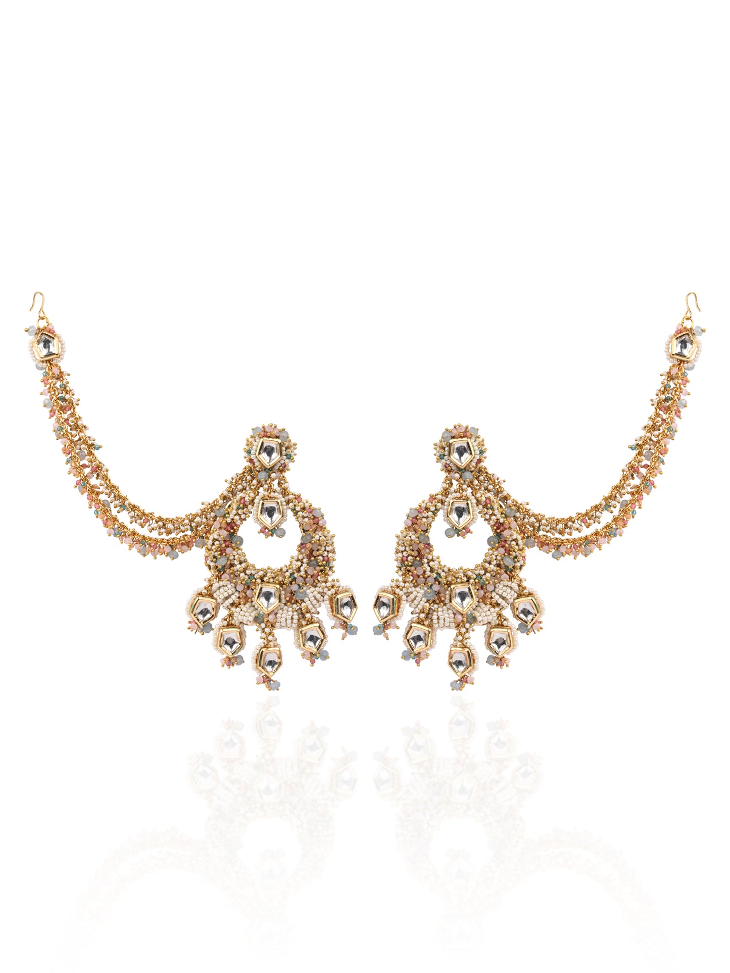 Chandbali Designed On Golden Base Metal With Multicolour Stones And Side Hair Extensions And Gold Plated Premium Kundan